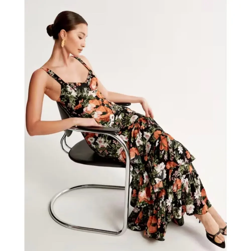 Abercrombie & Fitch Ruffle Tiered Floral Maxi Dress Black Size XS